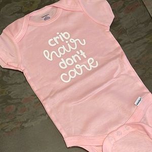 NWOT Gerber’s 3-6 Month Onesie with Handcrafted “Crib Hair Don’t Care”